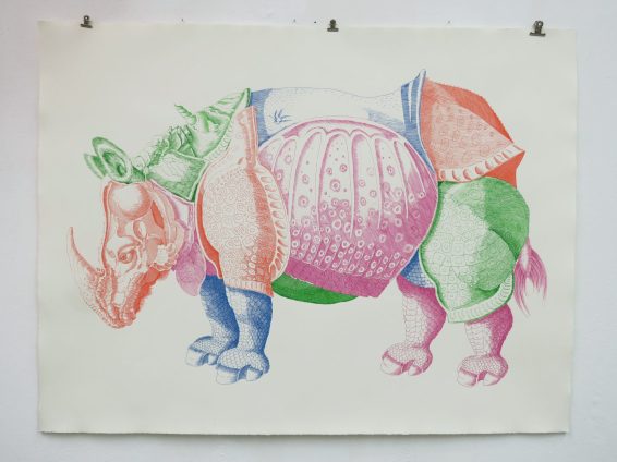 "Cover version (nach Albrecht Dürer); or The curvy unicorn" / 5farbige Tuschezeichnung/ 103×78 cm © Ramona Taterra 2017